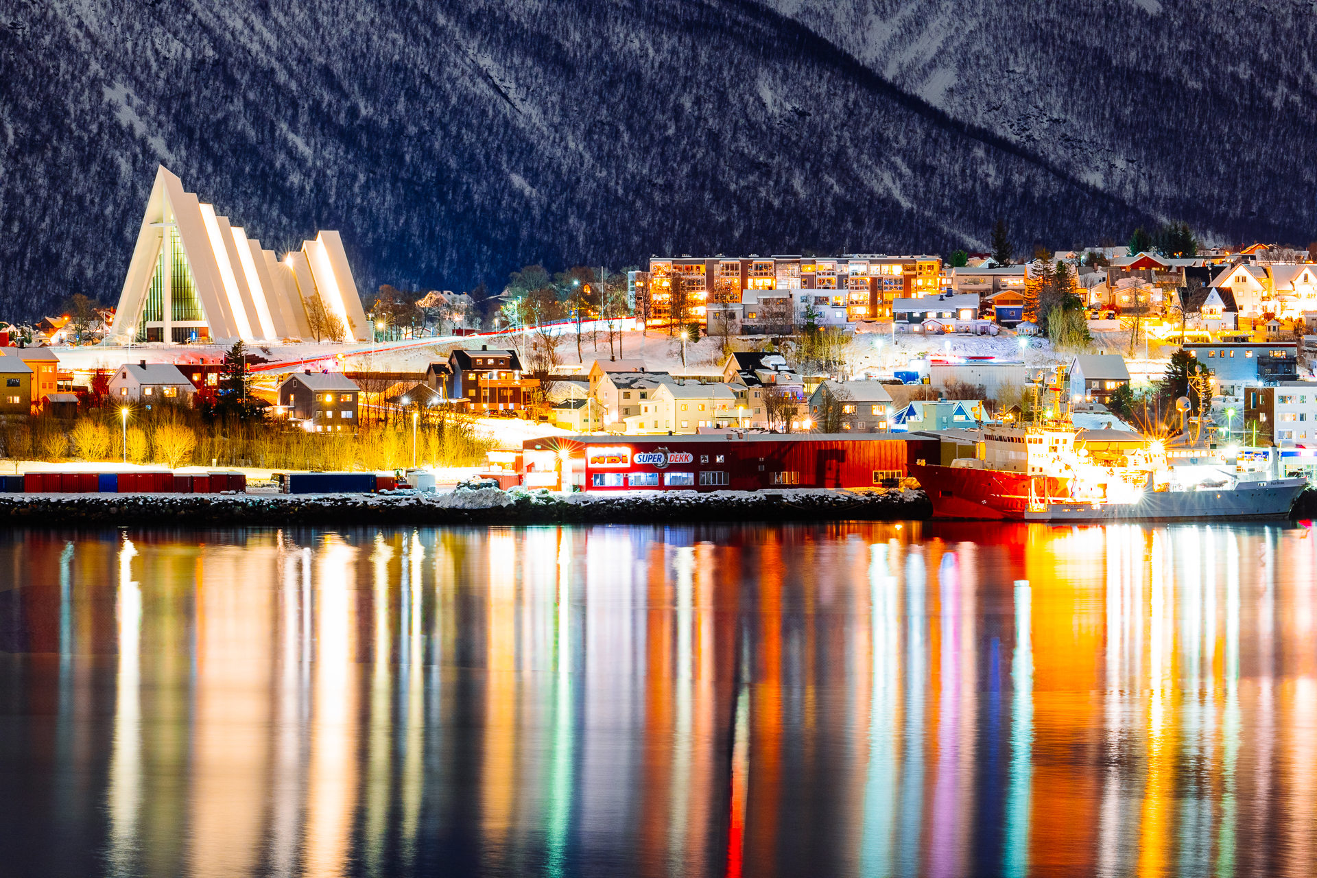 Arctic town at night